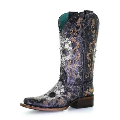 CORRAL Ladies Black/White Floral Skull Embroidery & Studs Sq. Toe Boots (Z5005)