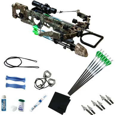 EXCALIBUR Assassin 400 TD Crossbow Package, Extinguisher Arrow Puller & Lumenok Deactivator, ProFlight Arrows, Boltcutter Broadheads, Crossbow Maintenance Utility Pack, Micro/DualFire Crossbow String, Excalibur Crossbow Stringer, GRITR Cleaning Cloth
