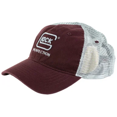 Glock Mesh Hat Snapback, Maroon, Distressed Denim-like Material, Mesh Back