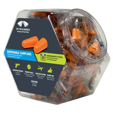 PYRAMEX Disposable and Reusable Earplugs, 100 pair uncorded taper fit disposable earplug -NRR 32db in a bin (PYDP1000BN)