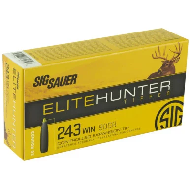 SIG Sauer Elite Tipped Hunting, .243 WIN, 90 GR, Controlled Expansion Tip, Nickel-Plated Brass