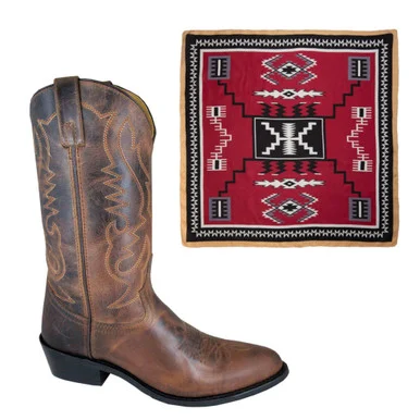 SMOKY MOUNTAIN BOOTS Men's Denver Brown Leather Western 11EE Boots and WYOMING TRADERS Aztec Maroon Black Silk Scarf