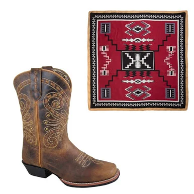 SMOKY MOUNTAIN BOOTS Women's Shelby Brown Waxed Distress Leather Western 7.5W Boots and WYOMING TRADERS Aztec Maroon Black Silk Scarf
