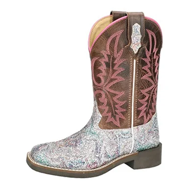 SMOKY MOUNTAIN BOOTS Youth Girls Ariel Pastel Glitter/Brown Distress Leather Western Boots (3250Y)