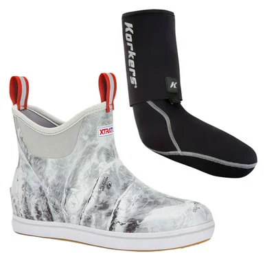 XTRATUF Men's Ankle Deck Mossy Oak Elements Wakeform Hailstone Size 12 Boot and KORKERS I-Drain Neoprene 3.5mm Black Size L Guard Sock