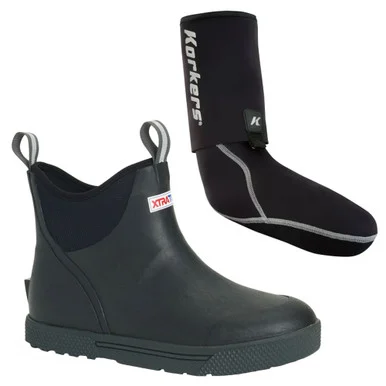 XTRATUF Men's Wheelhouse Ankle Deck Black Size 13 Boot and KORKERS I-Drain Neoprene 3.5mm Black Size XL Guard Sock